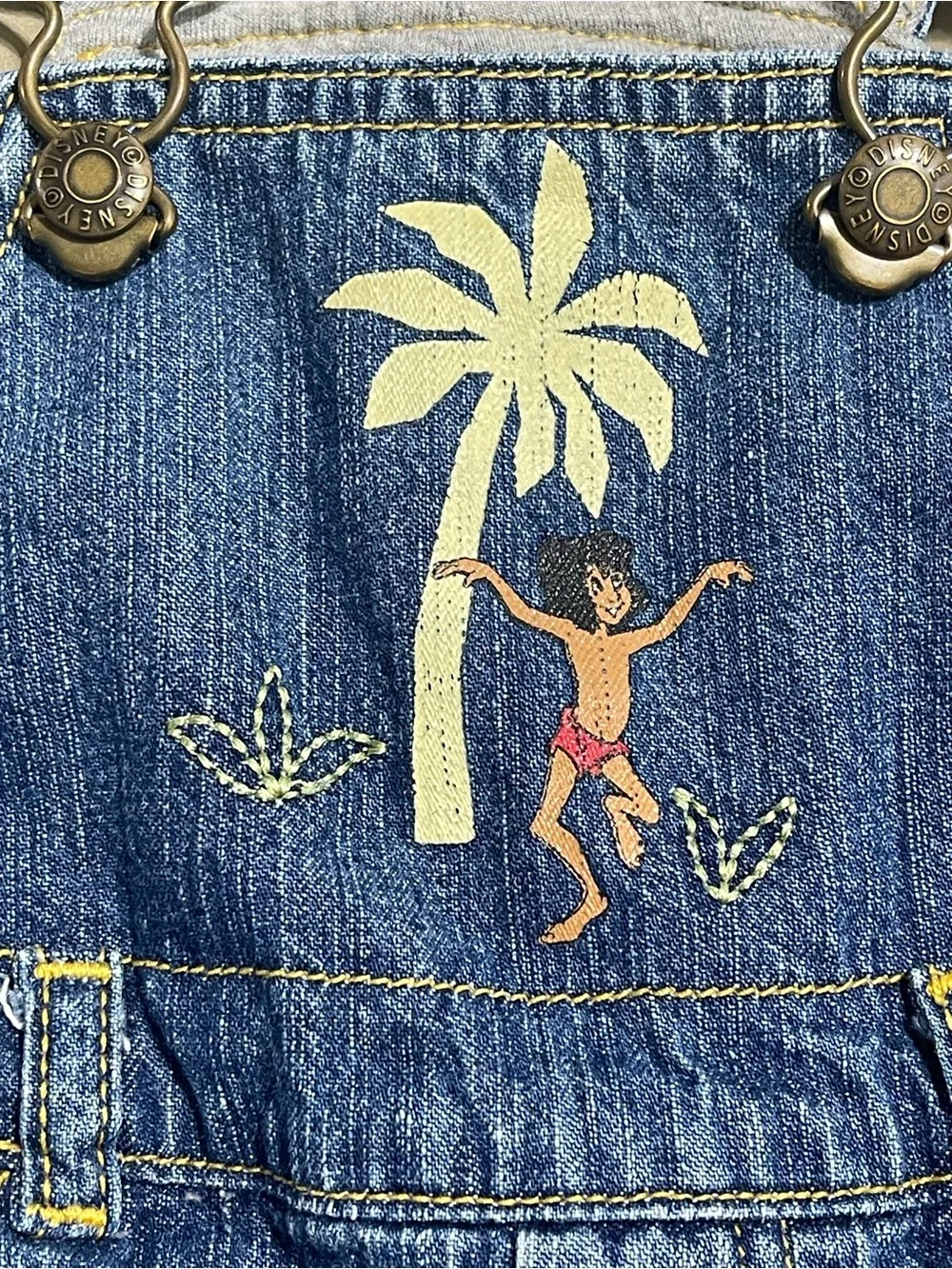 Vintage Disney Jungle Book Denim Palm Tree Embroidered Baby Overalls - Blue